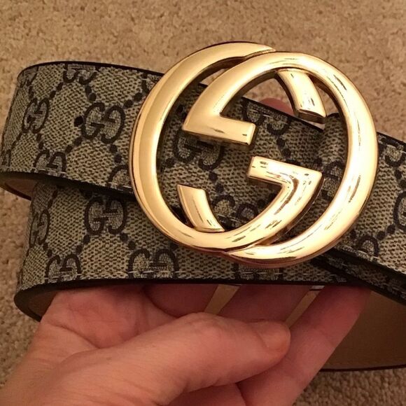 Gucci Gray/Navy Blue GG Supreme Canvas GG Buckle Belt Unisex - Picture 8 of 9